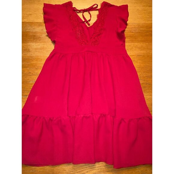 Red Ruffled V-Neck Dress With Lace Trim & Tie Back - Picture 1 of 6